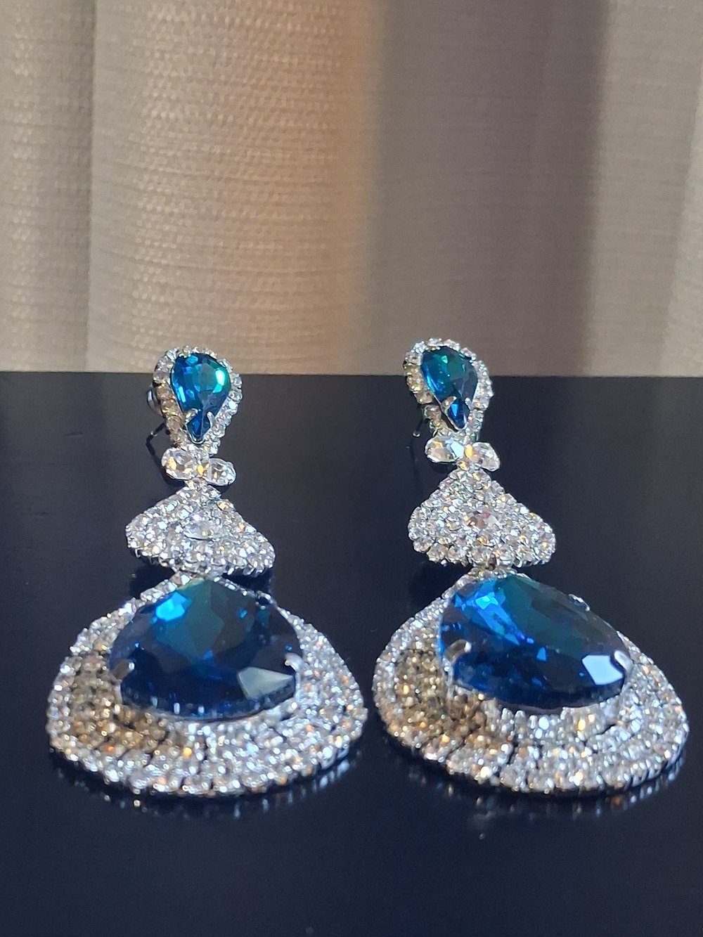 Sapphire Blue Glass Rhinestone Pageant Statement Earrings Prom Event Bridal 3¼" - Picture 8 of 16